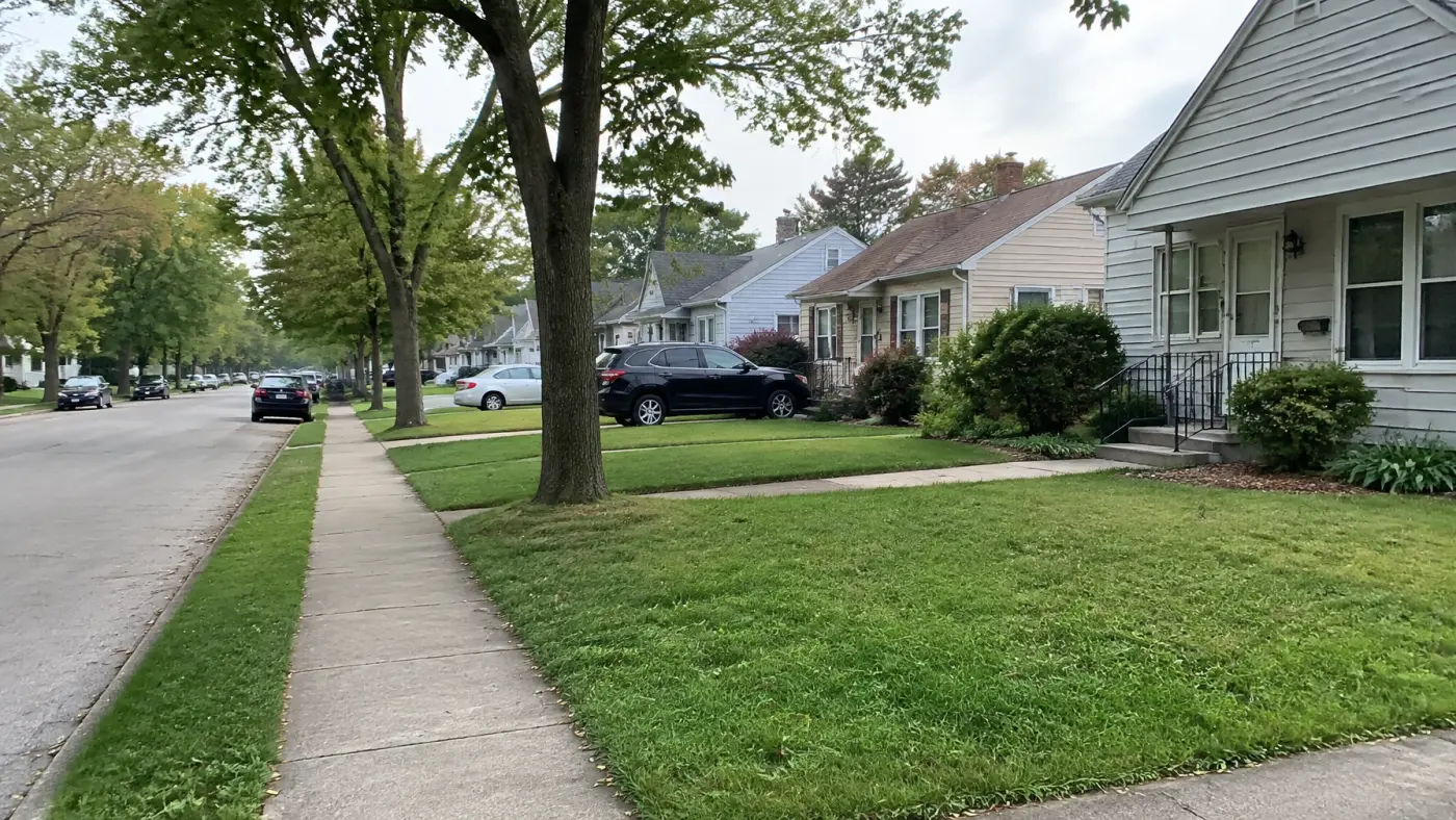 An ordinary suburban street lined with modest houses, lawns, sidewalks, and parked cars